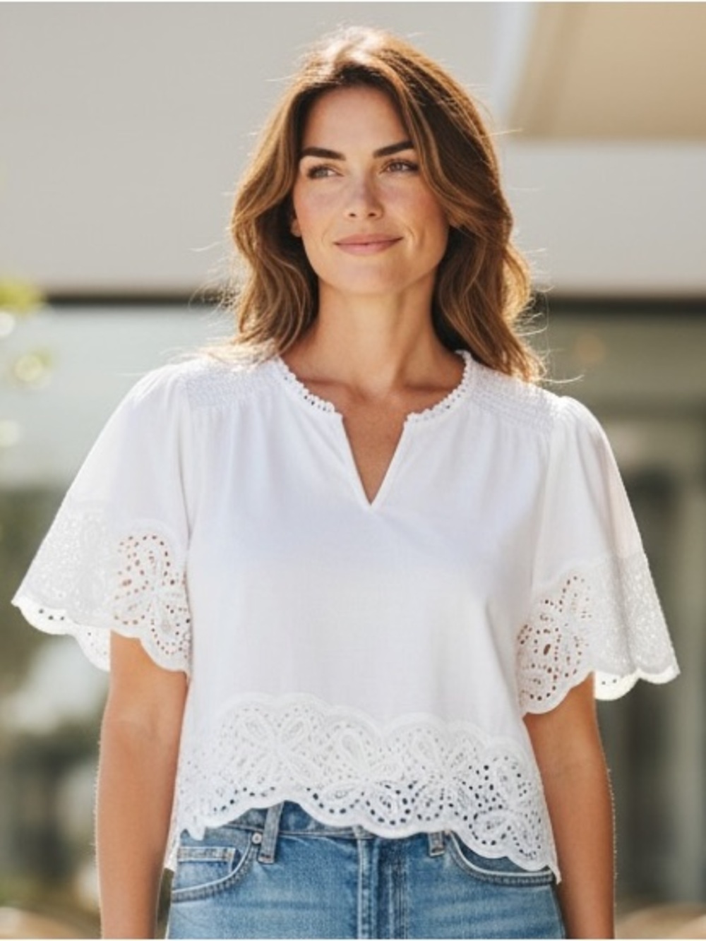 NEW Ellen Tracy Women White Eyelet Trim V-Neck Linen-Blend Top Relaxed Blouse L